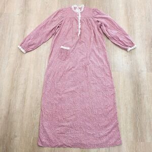 Vintage 70s Prairie Maxi Nightgown M/L Pink Floral Calico Eyelet Lace Ruffle